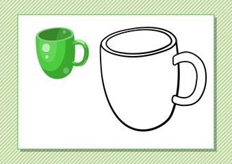 Printable worksheet. Coloring book. Cute cartoon cup. Vector illustration. Horizontal A4 page Color green.