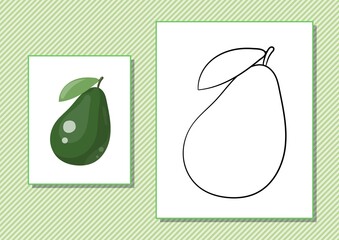 Printable worksheet. Coloring book. Cute cartoon avocado. Vector illustration. Horizontal A4 page Color green.