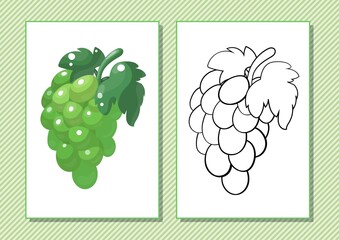 Printable worksheet. Coloring book. Cute cartoon grape. Vector illustration. Horizontal A4 page Color green