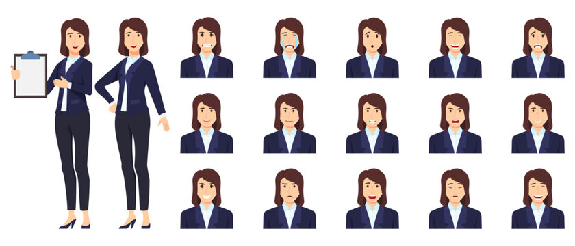 Businesswoman character set and avatar set with different facial expression and emotions happy unhappy sad angry cry isolated posing