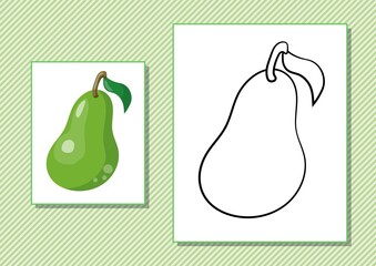 Printable worksheet. Coloring book. Cute cartoon pear. Vector illustration. Horizontal A4 page Color green.