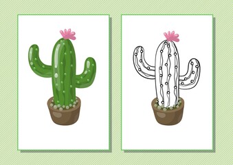 Printable worksheet. Coloring book. Cute cartoon cactus. Vector illustration. Horizontal A4 page Color green.