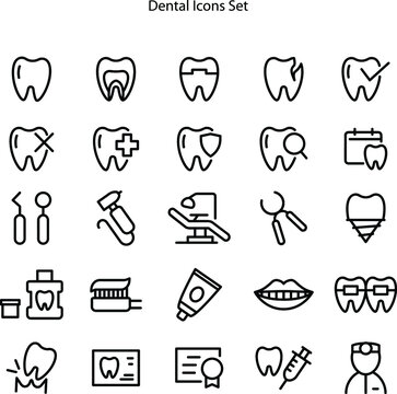 Dental care icons set isolated on white background. Dental care icon thin line outline linear Dental care symbol for logo, web, app, UI. Dental care icon simple sign.