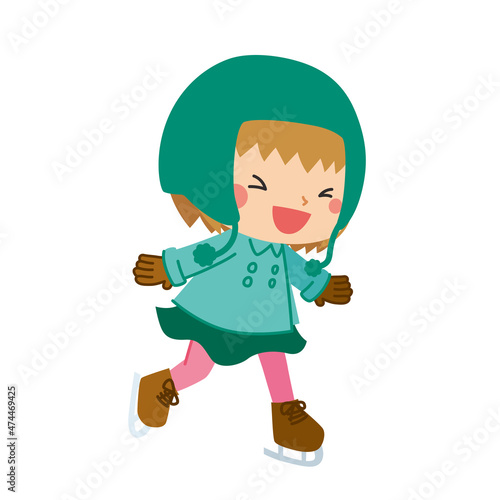 アイススケートを楽しんでいる可愛い小さな女の子のイラスト 白背景 クリップアート Sticker ぽこたぽこ