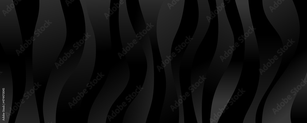 Poster abstract zebra gradient black banner. dark shiny wavy background. curved vertical strips pattern. el