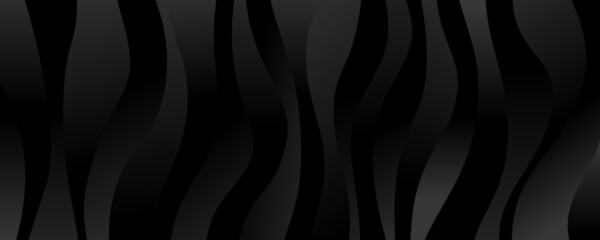 Abstract zebra gradient black banner. Dark shiny wavy background.  Curved vertical strips pattern. Elegant cover backdrop. Vector illustration