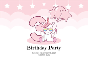 Birthday invitation for baby girl with cute unicorn, balloons and clouds in pink colors. Ready to use and editable template. An invitation for children and adults. Third year of birth. 