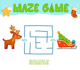 Christmas Maze puzzle game for children. Simple Maze or labyrinth game with Christmas sleigh and reindeer.