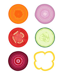 Sliced ​​vegetables set. Carrots, red onions, tomatoes, cucumbers, beets and yellow peppers