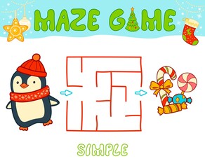 Christmas Maze puzzle game for children. Simple Maze or labyrinth game with Christmas penguin.