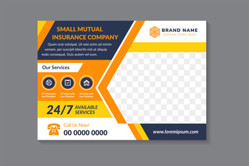 A horizontal web banner. small mutual insurance company horizontal flyer. blue background and diagonal orange and yellow on elements. Space for photo collage. Online advertising for online marketing.