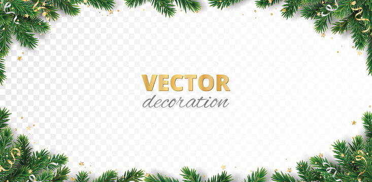 Christmas Tree Corner Decoration Isolated On White. Evergreen Tree With Ribbons And Confetti. Festive Border, Frame. Realistic Vector. For Holiday Headers, Banners, Party Posters.