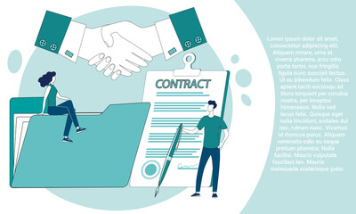 Deal.Signing the contract.People conclude a contract and seal it with a handshake.An illustration in the style of a landing page in green.