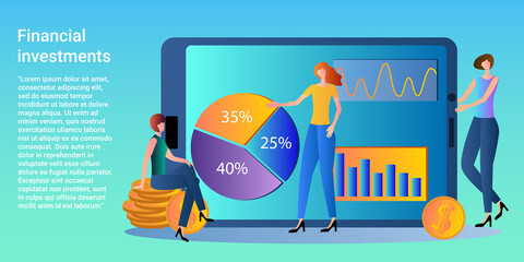 Financial investments.Return on investment, analysis and marketing.People are engaged in calculating profits.Analysis of economic activity of enterprises.Poster in business style.Flat vector illustrat