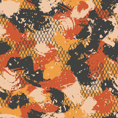 Red orange and yellow colors lattice camouflage with dry brush strokes, seamless hand drawn blots grunge pattern. Scribble military camo, grid texture, fashionable urban fabric. Vector illustration.