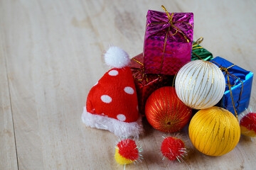 christmas decorations on wooden background