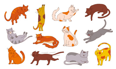 Doodle cat. Funny home animal sticker with simple sketch. Happy sitting staying and lying cats, cute outline kitten character bundle in different poses. Vector fluffy pet isolated set