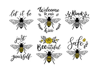 Foto op Canvas Bee funny quote set, hand drawn lettering for cute print. Positive quotes isolated on white background. Happy slogan for tshirt. Vector illustration bumble collection of typography poster with sayings © Яна Фаркова