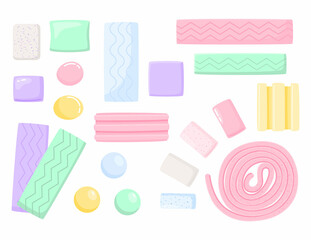 Chewing gum. Cartoon round mint candies and bubblegum pad. Candy balls and sticks. Fresh breathing tasty dragee and pillows. Menthol gumball. Vector peppermint dental chewy sweets set