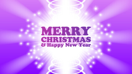 3d inscription Merry Christmas and Happy New Year. Bright radiant holiday poster with sparks on violet background