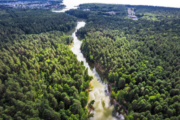 The river is separate and surrounded by forest. Berdsk, Russia