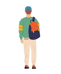 Cartoon boy with backpack. View from behind of standing person in casual clothing. Waiting or walking young man. Teenager watching forward. Male backside figure. Vector illustration