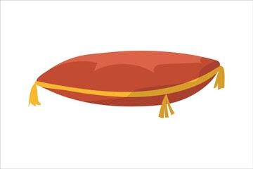 Cartoon red pillow for home pets. Cozy cushion with tassels. Feline and canine furniture for sleeping or relaxing. Domestic animals supplies. Cats and dogs bedding. Vector vet accessory