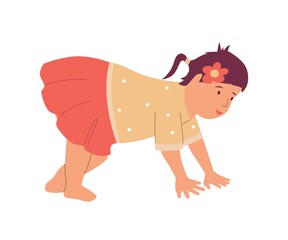 Little girl crawling on floor. Cartoon baby learning to walk. Daughter standing in funny pose. Kids growing step. Human development. Infancy activities. Vector isolated adorable toddler
