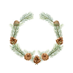 Fototapeta na wymiar A wreath of fir branches and cones. Watercolor illustration