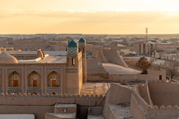 Beautiful view from Kunya Ark Citadel on the Mohammed Rakhim Khan Madrassah. Ichan Kala (or Itchan...