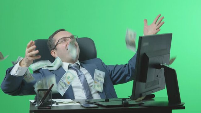 Business man man throws up money, successful  investment, green screen, banknotes flying in the air, slow motion