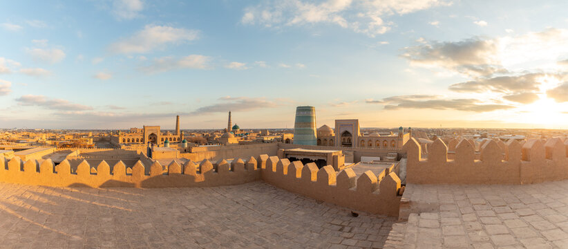 Beautiful view from Kunya Ark Citadel on the Kalta Minor and Islam Khoja minaret. Ichan Kala (or Itchan Qala is walled inner town of the city of Khiva, a UNESCO World Heritage Site), Khiva city, Uzbek