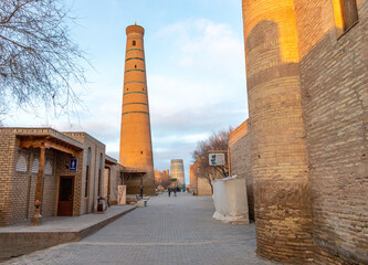 The minaret of Juma Mosque, Ichan Kala (or Itchan Qala is walled inner town of the city of Khiva, a UNESCO World Heritage Site), Khiva city, Uzbekistan.
