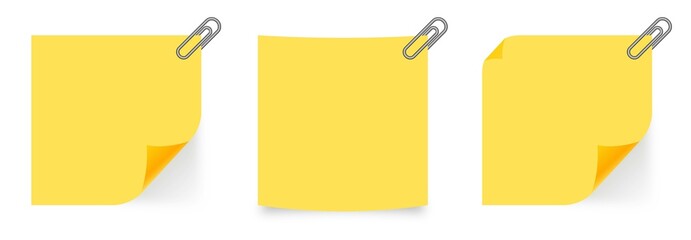 Yellow paper reminder with paper clip vector. Realistic set stick note isolated on white background.