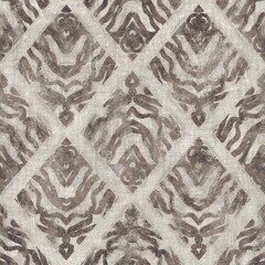 Seamless tan brown grungy tribal neutral rug motif surface pattern design for print. High quality illustration. Distressed bohemian ethnic repeat swatch. Hand drawn diamond damask textile design. - 474474465