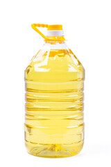 Plastic bottle of cooking oil with handle on white background