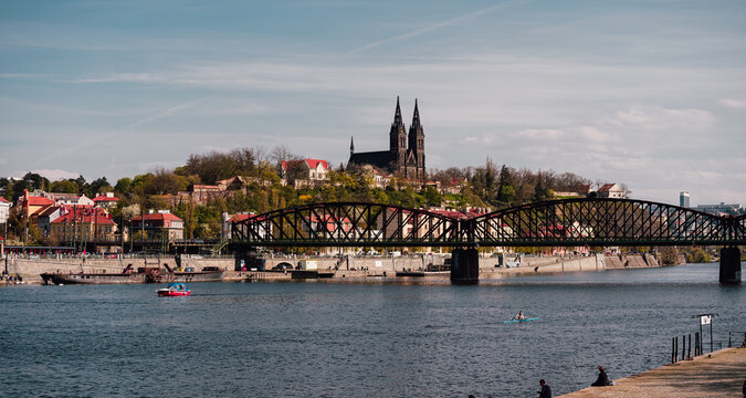 Panoramic view of Prague cathedral castle svateo welcomes and vltava river and bridges to it in the center of prague during the day
