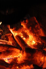 Burning Fire Wood and Coals in Fireplace Chimney