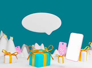 3D discount coupons is lying with gift boxes, speech bubble and phone on white background. 3d rendering.