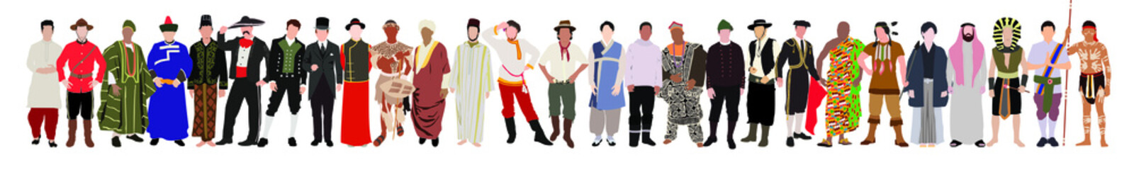 Set of men dressed in national clothes. America, Australia and Oceania. Vector flat illustration - obrazy, fototapety, plakaty