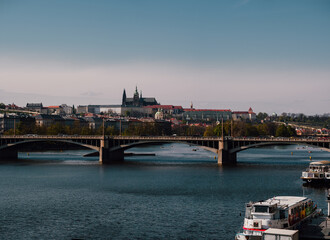 Fototapeta na wymiar Panoramic view of Prague cathedral castle svateo welcomes and vltava river and bridges to it in the center of prague during the day