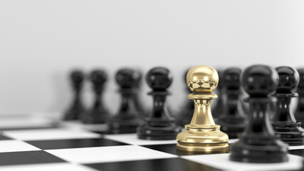 Alone of golden pawn chess standing among black pawn chess around on a chessboard. Gold pawn chess in chess game surrond with another black team for business competition and strategy concept.3d render