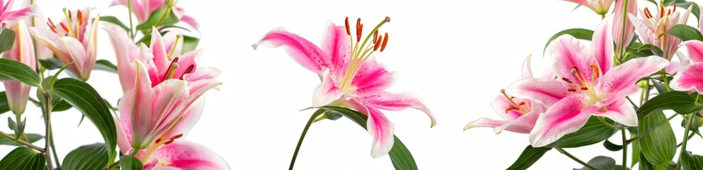 Macro photography and close-up of flowers of a bouquet of blooming pink lilies on a white...