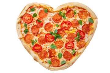 Heart shapped pepperoni pizza with green basil isolated on white background. Valentines Day food