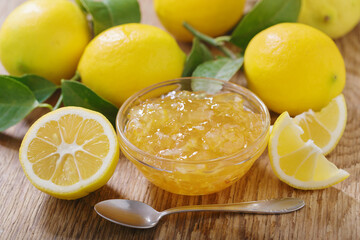 bowl of lemon's jam with fresh fruits