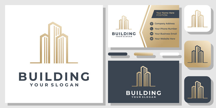 Buildings Gold Luxury Elegant City Abstract Architecture Logo Design with Business Card Template