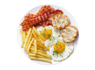 plate of fried eggs, bacon, french fries and toast isolated on white background