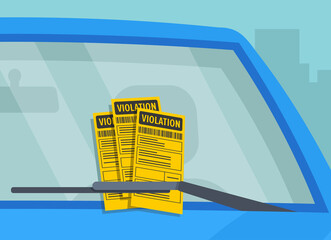 A several parking violation tickets fine on the windshield of car. Close-up view. Flat vector illustration template. - obrazy, fototapety, plakaty