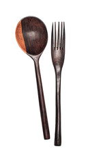 Bamboo salad fork and spoon isolated in white background.