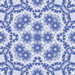 Gzhel printing on tiles or ceramic dishes. Symmetrical seamless pattern of petals and flowers geometric folk ornament. Kaleidoscope blue and white wallpaper. Illustration
